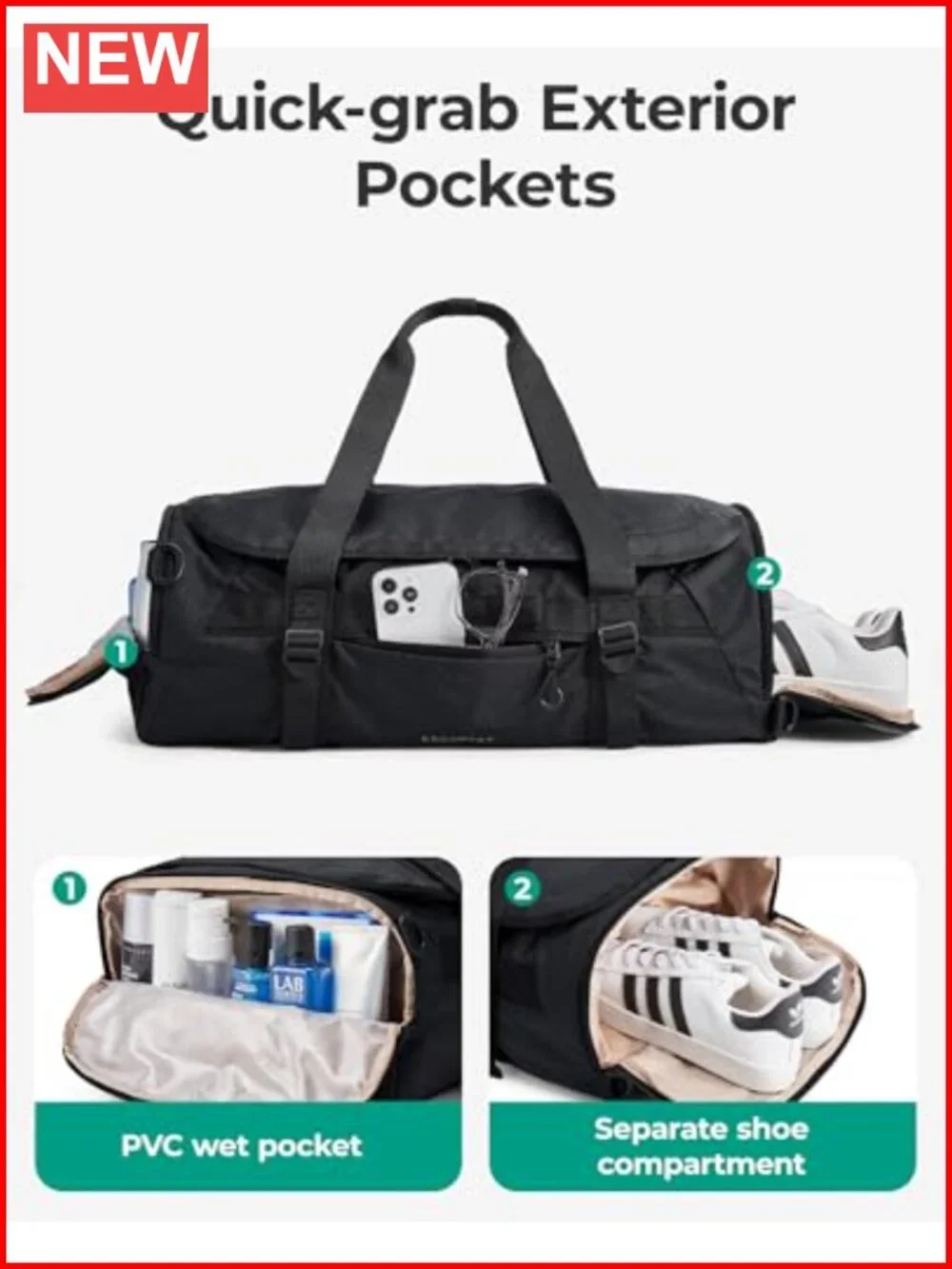 40L Travel Duffle Bag with Shoe Compartment, Wet Pocket, Water-Resistant